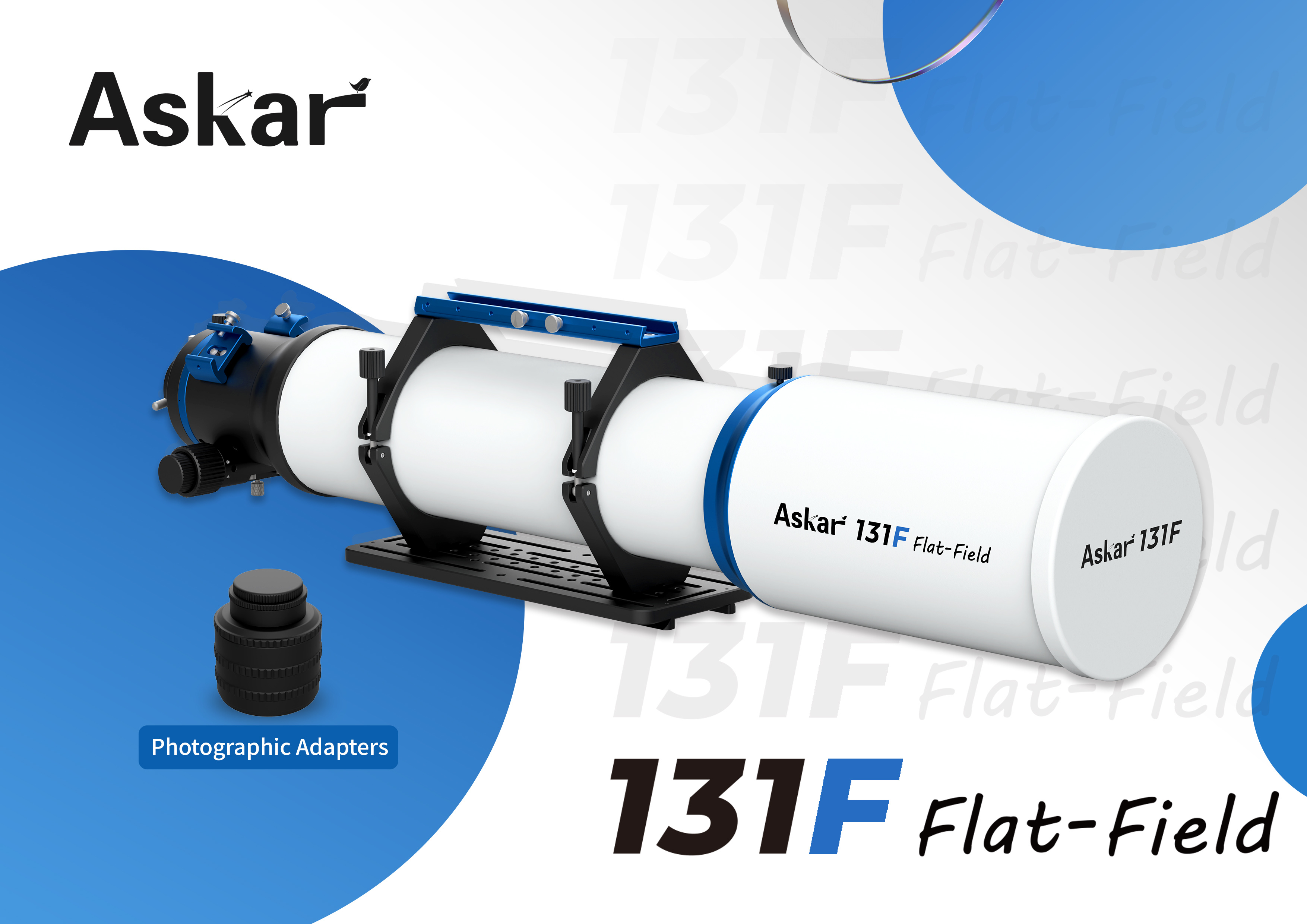 Astrografo APO Askar 131F da 131 mm f/7,5 con quadrupletto ED, campo piano integrato e supporto per sensori full frame. Astrografo APO Askar 131F da 131 mm f/7,5 con quadrupletto ED, campo piano integrato e supporto per sensori full frame.