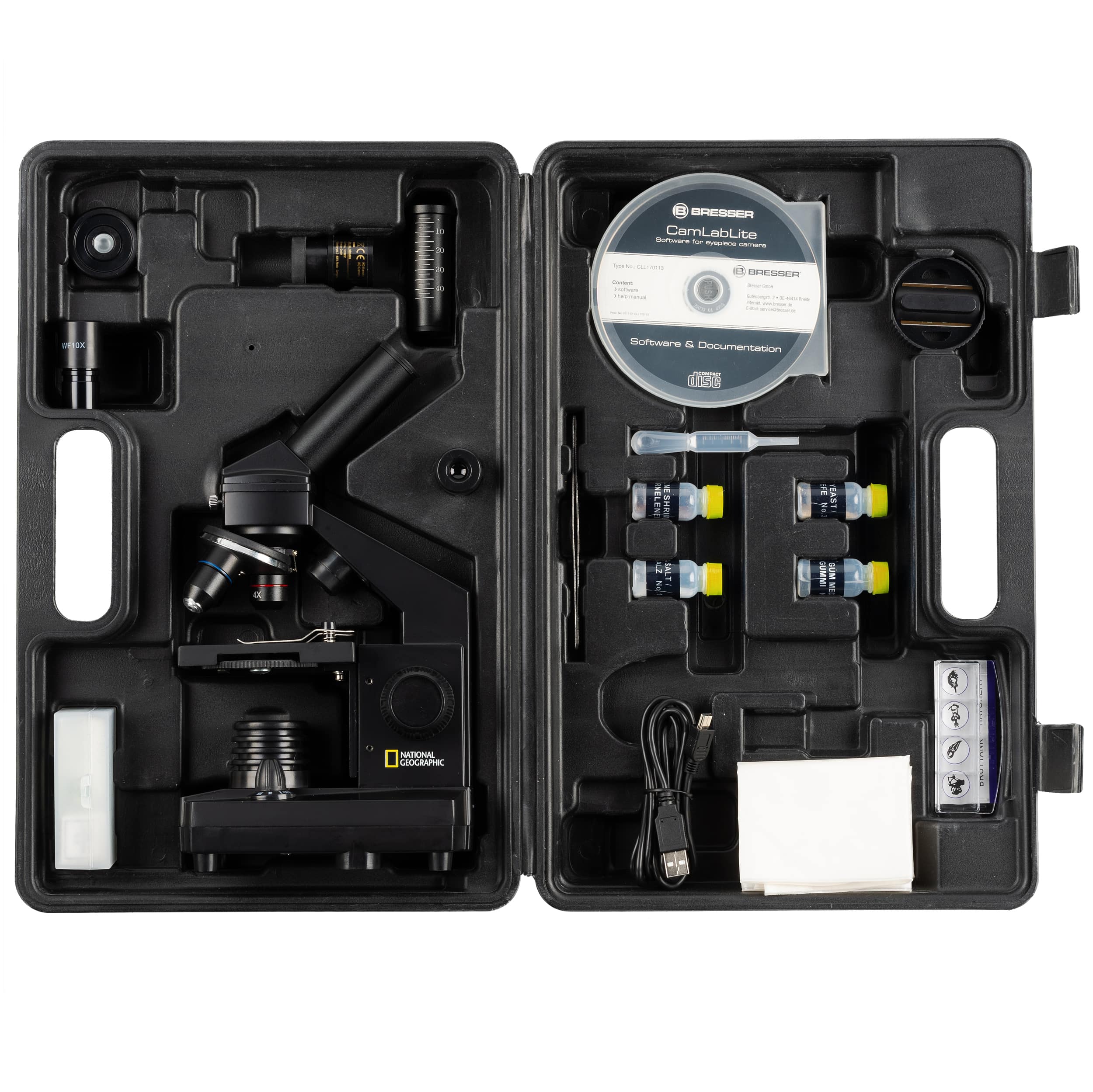   Il microscopio NATIONAL GEOGRAPHIC 40x-1024x offre un'ampia gamma di accessori per i principianti: valigetta da trasporto, oculare HD per il collegamento a un PC, ampio set per la preparazione e una selezione di preparati permanenti - basta aprirla e iniziare  