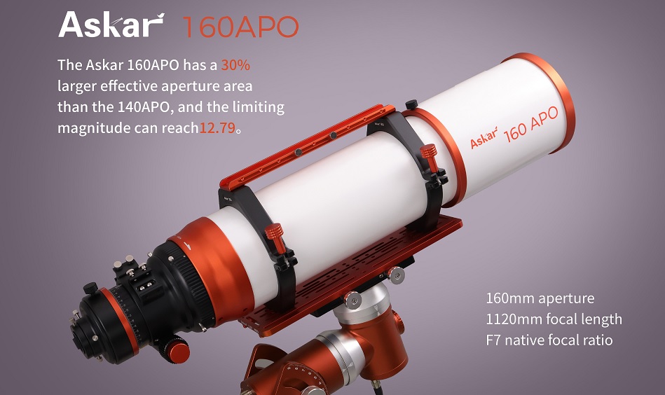  Rifrattore apocromatico Askar 160APO f/7 con tripletto ED, apertura 160 mm e focale 1120 mm, ideale per astrofotografia e osservazione ad alta risoluzione. 