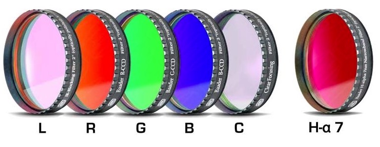 Set Completo di Filtri LRGBC + H-alpha (banda 7nm) da 2" (50.8mm) per riprese CCD, con celle a basso profilo. Spessore vetro 2mm Set Completo di Filtri LRGBC + H-alpha (banda 7nm) da 2" (50.8mm) per riprese CCD, con celle a basso profilo. Spessore vetro 2mm