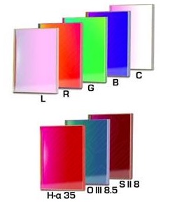  Set Completo di Filtri LRGBC + H-alpha (banda 35nm) , OIII (banda 8.5nm) ed SII (banda 8nm), quadrati da 50x50mm, per riprese CCD, non montati in cella. Spessore vetro 3mm 