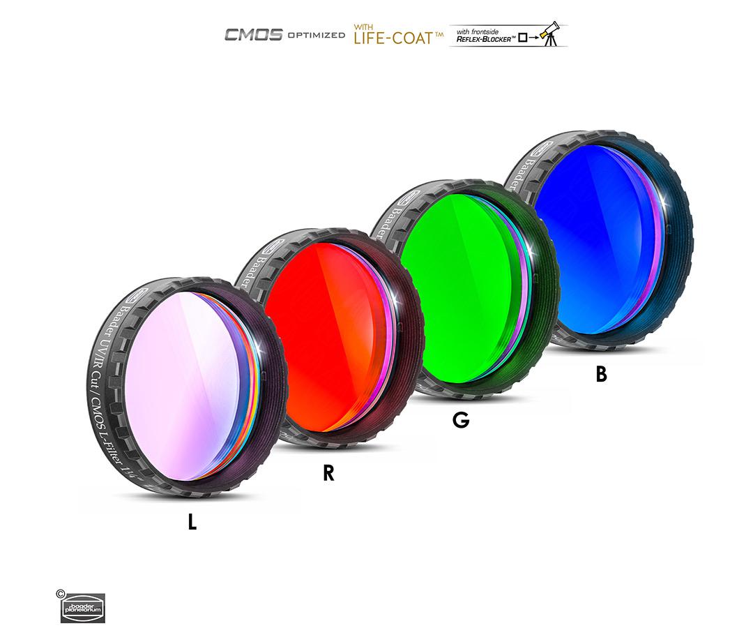  Set di filtri LRGB parafocali da 1¼" (31.8mm) per CCD, spessore 2mm. Rosso (R), Verde (G), Blu (B) e Luminanza (L, filtro IR-UV-cut per riprese nel visibile). Celle a basso profilo (LPFC) adatte a tutte le ruote portafiltri 