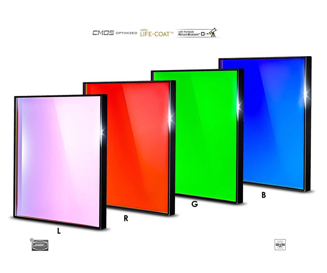  Set di filtri LRGB parafocali quadrati da 50x50mm per CCD (spessore vetro 3mm) 