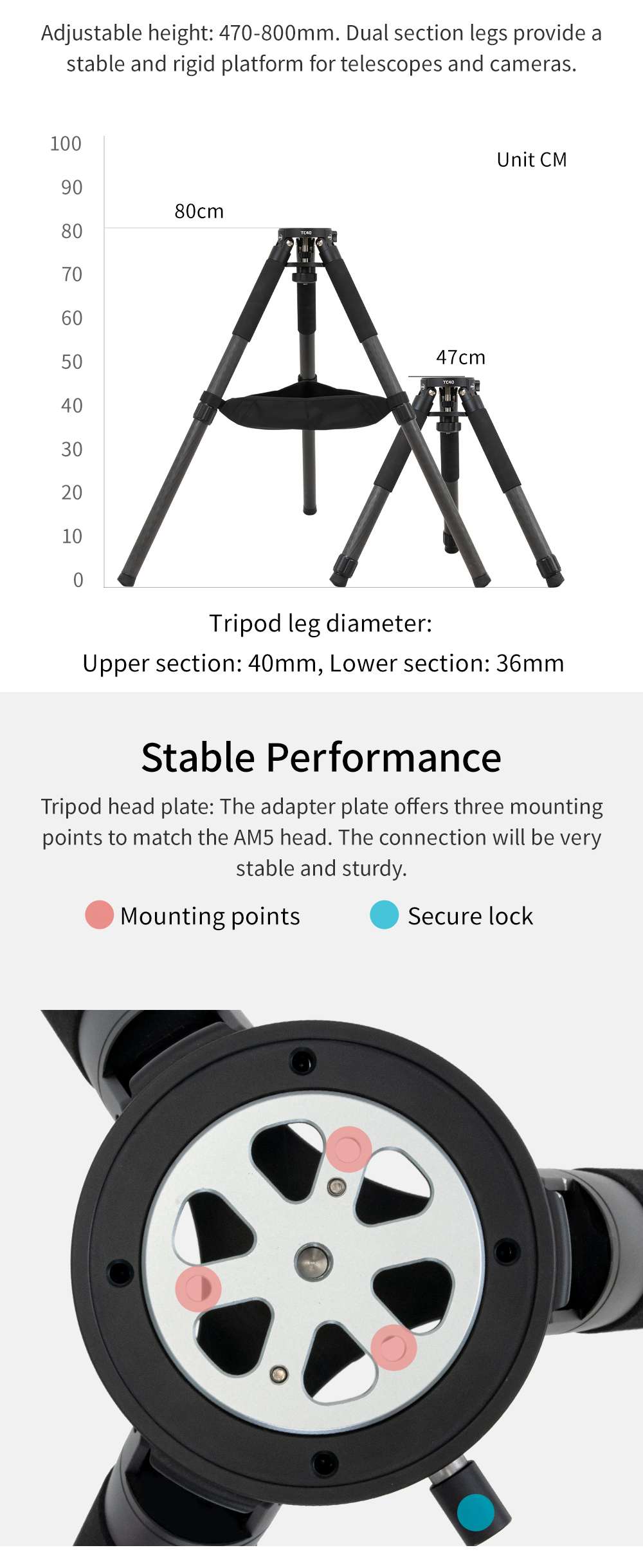  Treppiede in carbonio TC40 ZWO per montature AM3 e AM5 