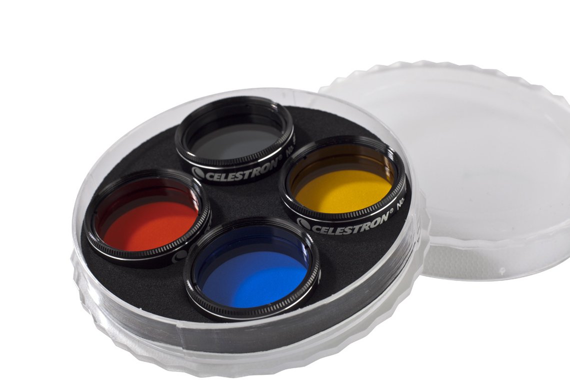  Kit di 4 filtri colorati da 31,8mm per pianeti e Luna. Filtro Arancio, Blu chiaro, Giallo e ND96 neutro. 