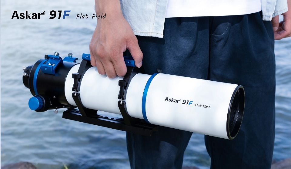  Askar 91F: astrografo APO quadrupletto Flat-Field da 91 mm, 609 mm f/6.7, con elemento ED e campo corretto da 44 mm. 