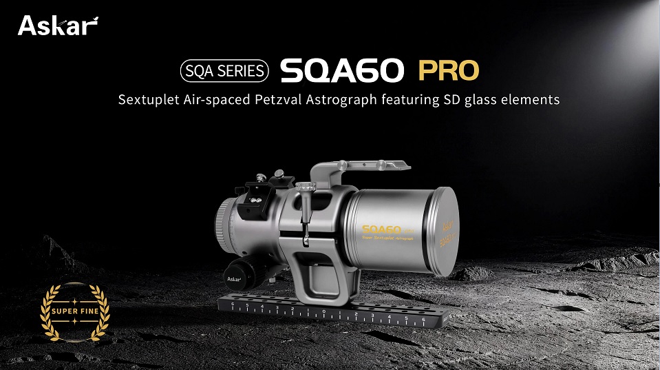  Askar SQA60 Pro F/4.6: astrografo Petzval APO da 60/276 mm a sestupletto, con vetro SD, campo full-frame da 44 mm e focheggiatore dual speed da 2,8". 