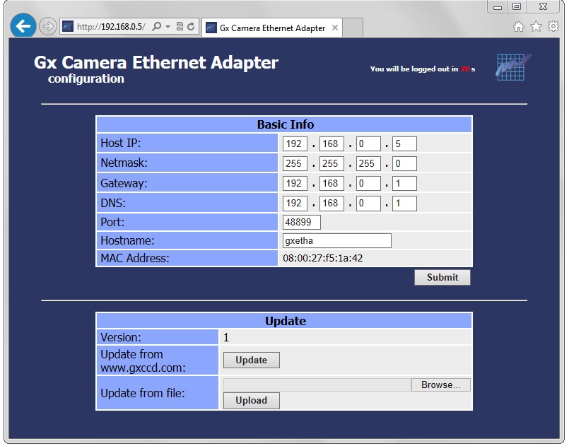  L'adattatore Ethernet modello Standard per camera CCD Moravian Gx permette il collegamento di tutte le camere serie Gx (modelli da serie G0 a serie G4) 