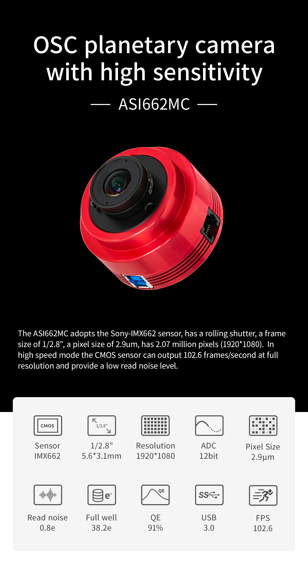   ZWO ASI662MC USB3.0 Colour Astro Camera - Sensore  IMX662   