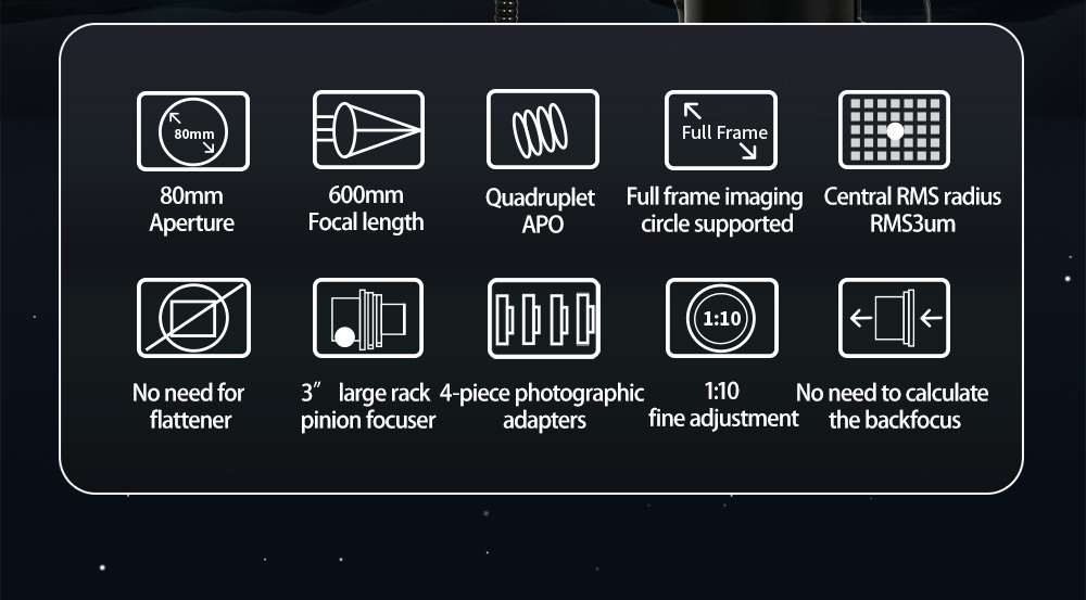 The FF80 is a very transportable APO refractor for astrophotography with corrected field of view up to full frame format and for observing up to the highest magnification range. [EN]