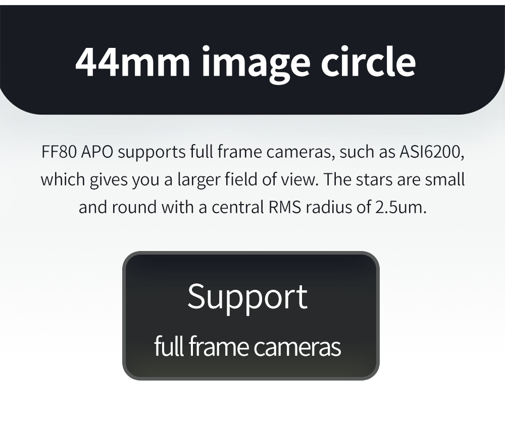 The FF80 is a very transportable APO refractor for astrophotography with corrected field of view up to full frame format and for observing up to the highest magnification range. [EN]