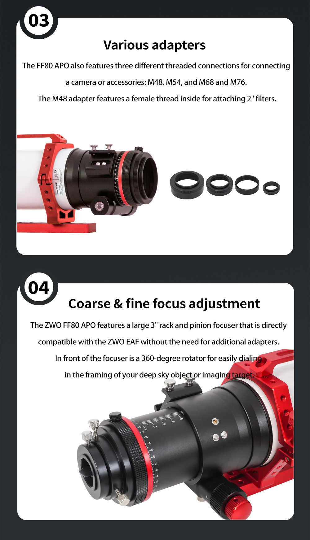 The FF80 is a very transportable APO refractor for astrophotography with corrected field of view up to full frame format and for observing up to the highest magnification range. [EN]