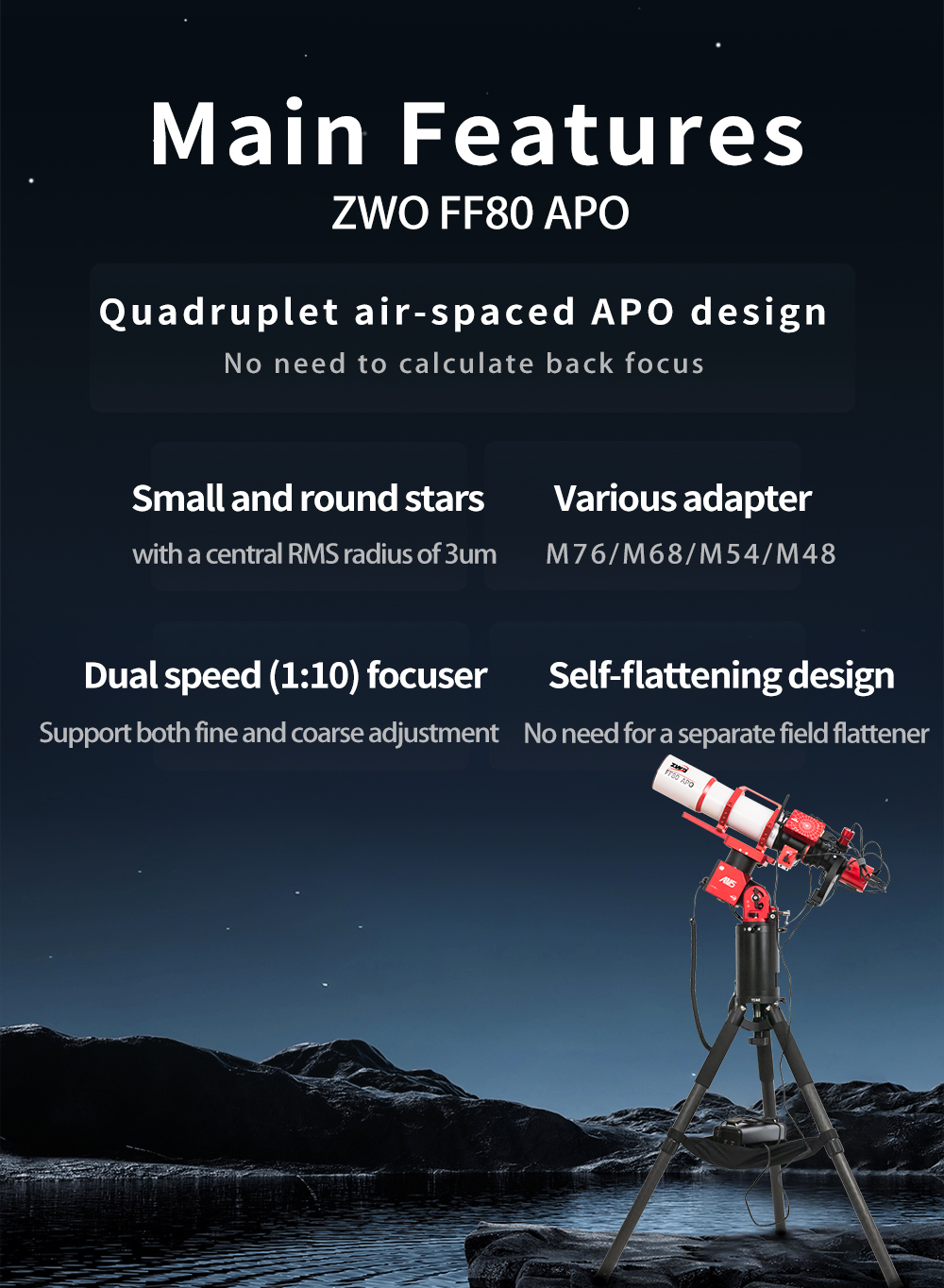  The FF80 is a very transportable APO refractor for astrophotography with corrected field of view up to full frame format and for observing up to the highest magnification range. [EN] 