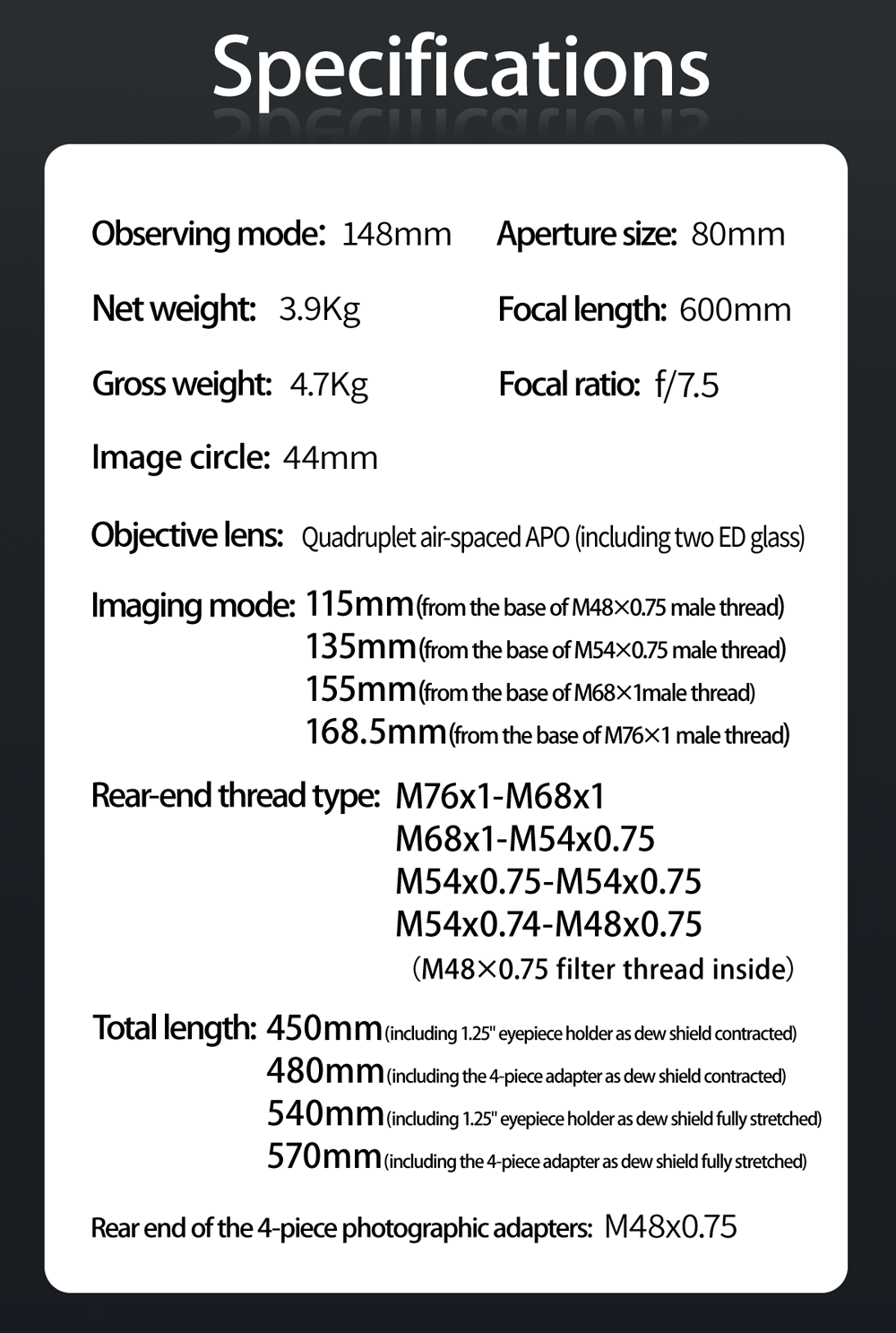  The FF80 is a very transportable APO refractor for astrophotography with corrected field of view up to full frame format and for observing up to the highest magnification range. [EN] 