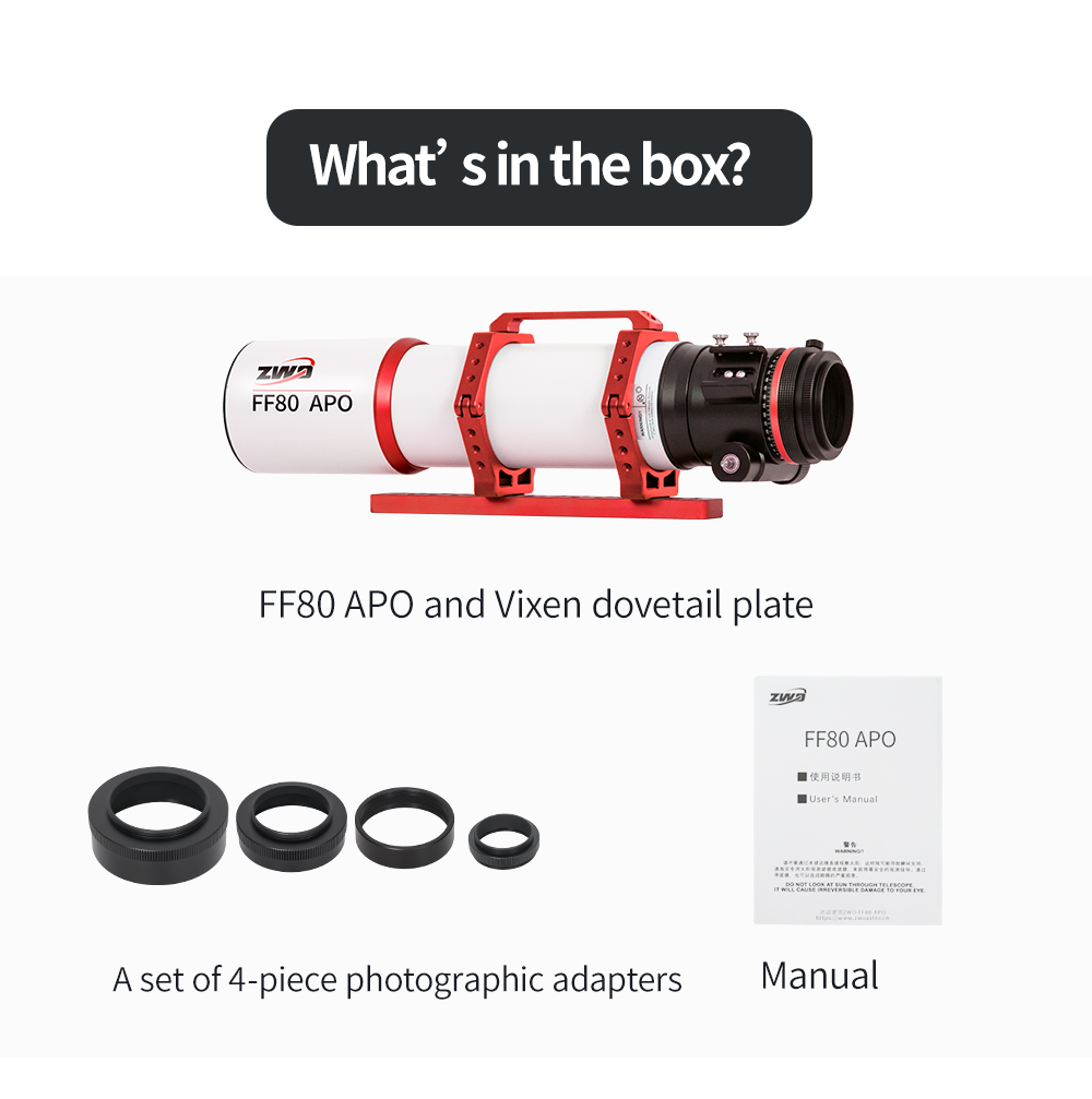  The FF80 is a very transportable APO refractor for astrophotography with corrected field of view up to full frame format and for observing up to the highest magnification range. [EN] 