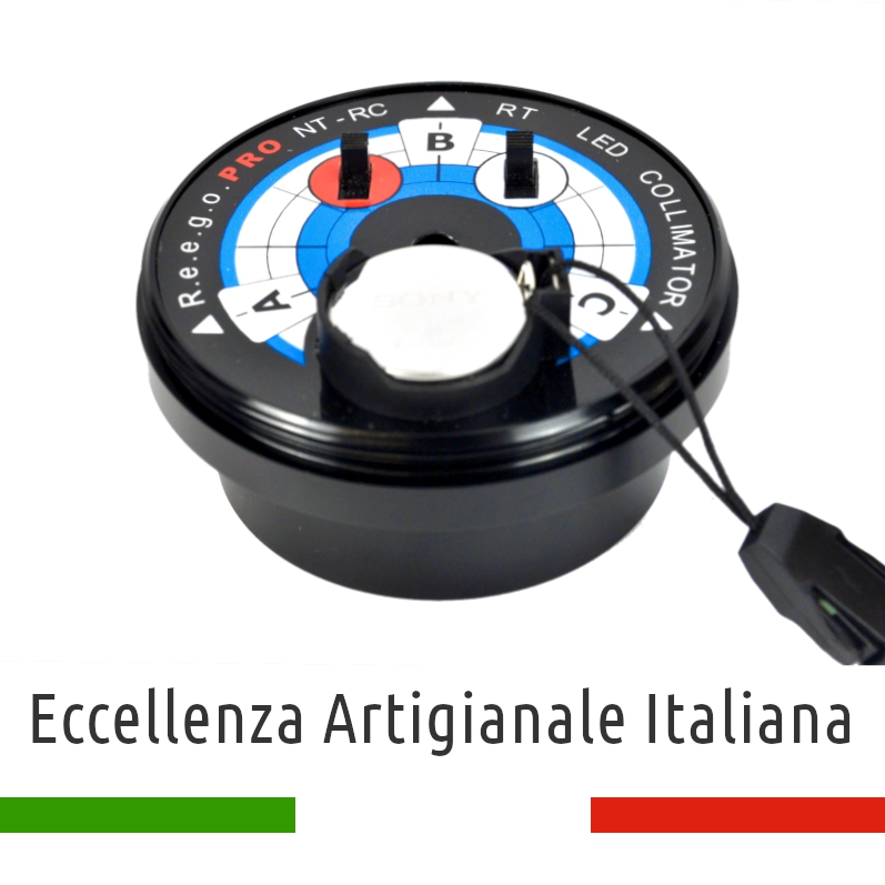 Collimatore universale R.E.E.G.O Pro a led (R.E.E.G.O = Recognisement of Elements Extraxiality through Glows Observation; R.E.E.G.O = Recognisement of Elements Extraxiality by Glance Observation), compatibile con rifrattori, Newton, RC, Cassegrain-derivati, catadiottrici Collimatore universale R.E.E.G.O Pro a led (R.E.E.G.O = Recognisement of Elements Extraxiality through Glows Observation; R.E.E.G.O = Recognisement of Elements Extraxiality by Glance Observation), compatibile con rifrattori, Newton, RC, Cassegrain-derivati, catadiottrici