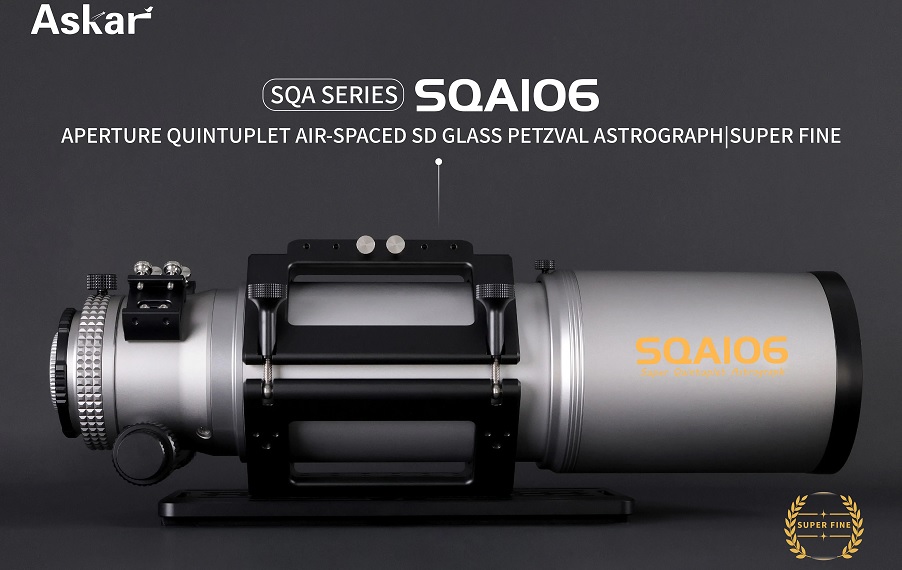 Astrografo apocromatico Askar SQA106 Petzval quintupletto da 106 mm f/4.8, con campo corretto fino a 55 mm e focheggiatore Dual Speed da 2,8". Astrografo apocromatico Askar SQA106 Petzval quintupletto da 106 mm f/4.8, con campo corretto fino a 55 mm e focheggiatore Dual Speed da 2,8".