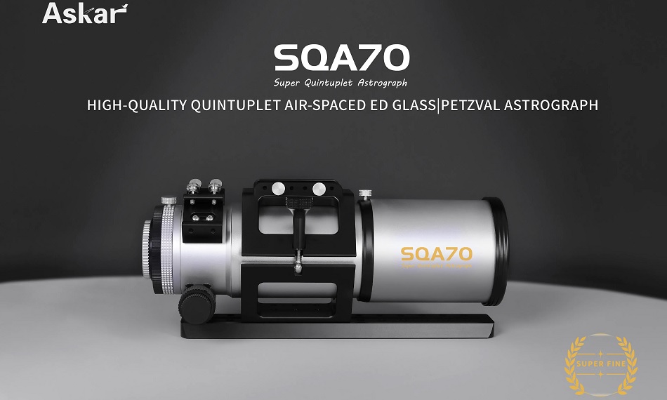 Astrografo Askar SQA70 F/4.8 con ottica Petzval APO quintupletto, 70/336 mm, 2 elementi ED e campo corretto full-frame da 44 mm. Astrografo Askar SQA70 F/4.8 con ottica Petzval APO quintupletto, 70/336 mm, 2 elementi ED e campo corretto full-frame da 44 mm.