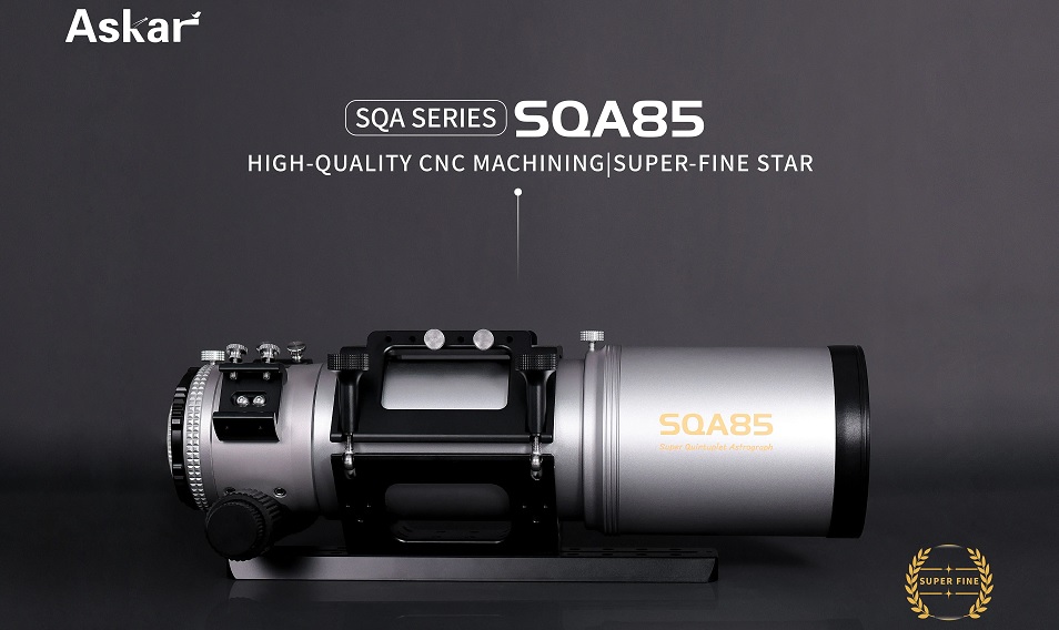 Astrografo Askar SQA85 F/4.8 con ottica Petzval APO a 5 lenti e 2 ED, 85 mm di diametro, 408 mm di focale e campo corretto Full Frame da 44 mm. Astrografo Askar SQA85 F/4.8 con ottica Petzval APO a 5 lenti e 2 ED, 85 mm di diametro, 408 mm di focale e campo corretto Full Frame da 44 mm.