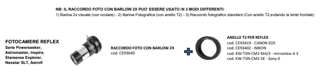   Adattatore universale con lente di Barlow 2X incorporata per il montaggio di fotocamere reflex su telescopi con portaoculari 31.8mm  