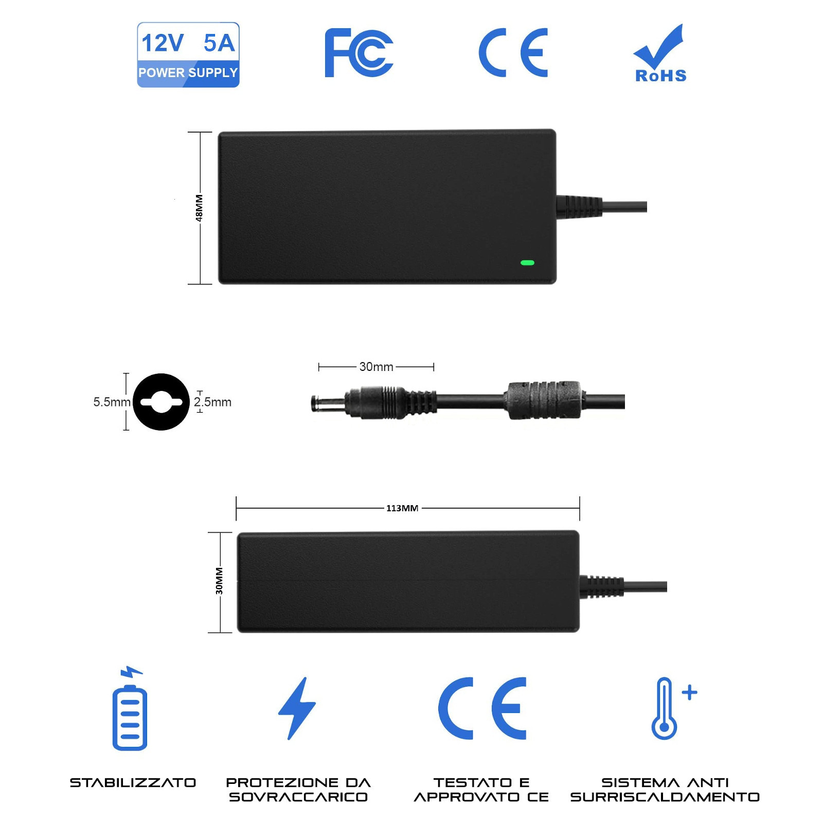 Alimentatore 12 Volt 5 Ampere con connettore DC powerjack 5.5x2.1