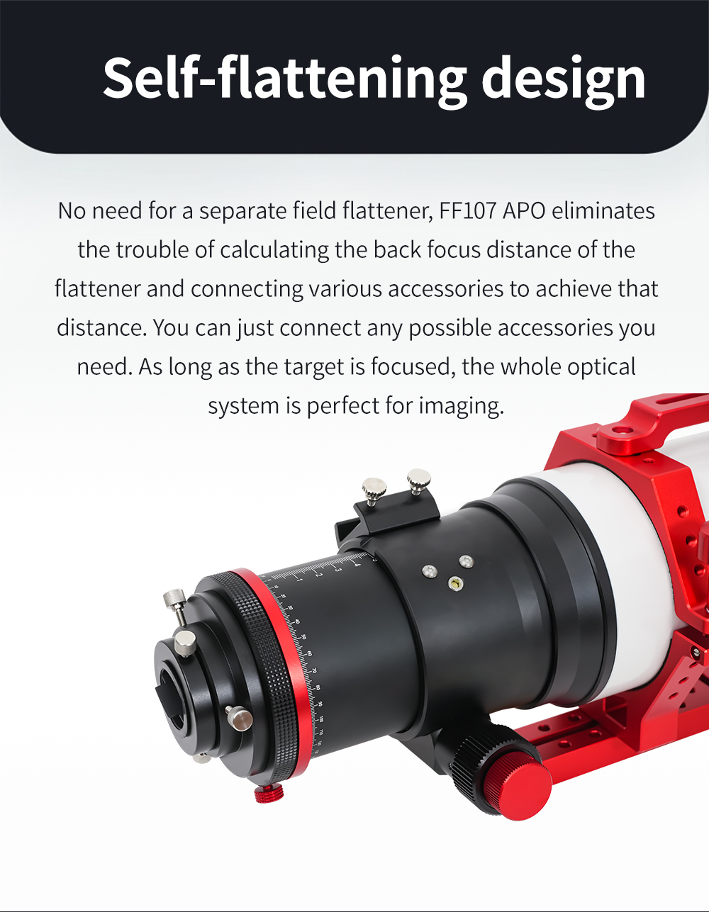  The FF107 is a transportable APO refractor for astrophotography with corrected field of view up to full frame sensor and for observation up to the highest magnification range. [EN] 