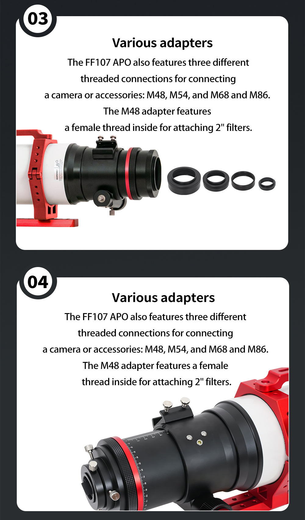  The FF107 is a transportable APO refractor for astrophotography with corrected field of view up to full frame sensor and for observation up to the highest magnification range. [EN] 