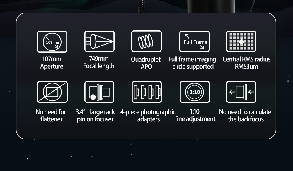  The FF107 is a transportable APO refractor for astrophotography with corrected field of view up to full frame sensor and for observation up to the highest magnification range. [EN] 