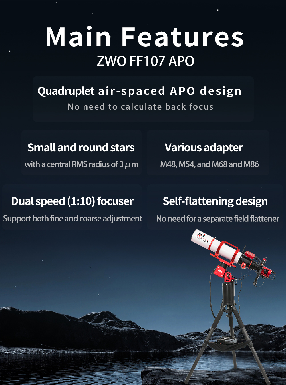  The FF107 is a transportable APO refractor for astrophotography with corrected field of view up to full frame sensor and for observation up to the highest magnification range. [EN] 
