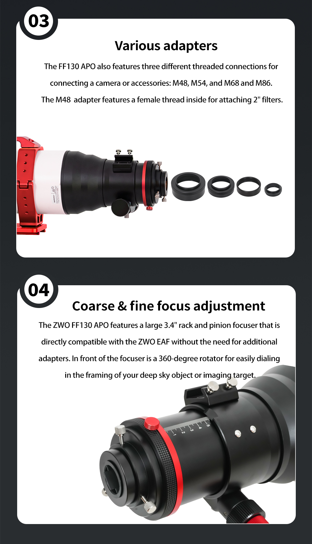  This long focal ratio flatfield apochromat support 60 mm image circle and does not need calculations for backfocus. If the image is sharp, the field is flat. [EN] 