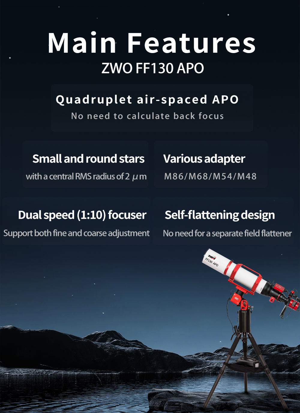  This long focal ratio flatfield apochromat support 60 mm image circle and does not need calculations for backfocus. If the image is sharp, the field is flat. [EN] 