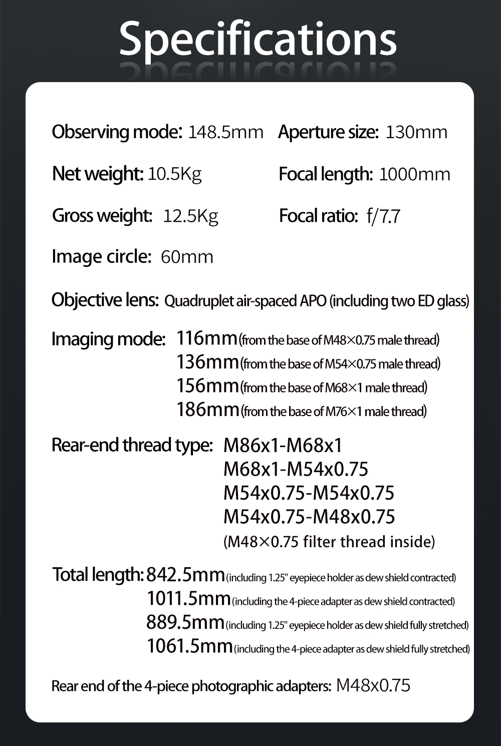  This long focal ratio flatfield apochromat support 60 mm image circle and does not need calculations for backfocus. If the image is sharp, the field is flat. [EN] 