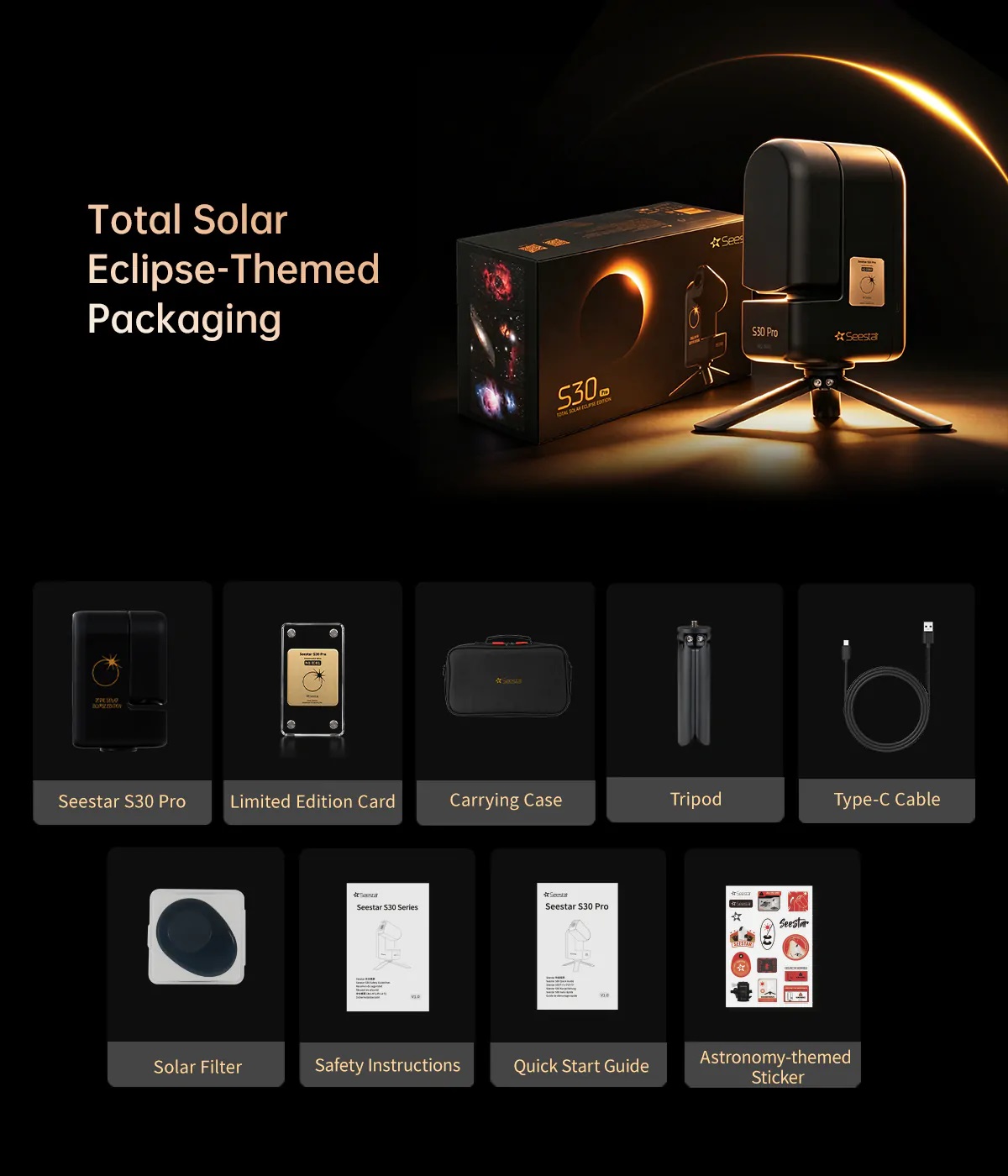 ZWO Seestar S30 Pro Total Solar Eclipse Edition: telescopio smart da 30 mm, 4K, 128 GB e filtro solare magnetico. ZWO Seestar S30 Pro Total Solar Eclipse Edition: telescopio smart da 30 mm, 4K, 128 GB e filtro solare magnetico.