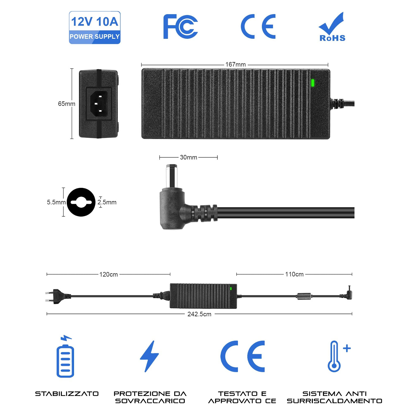 Alimentatore 12 Volt 10 Ampere con connettore DC powerjack 5.5x2.1