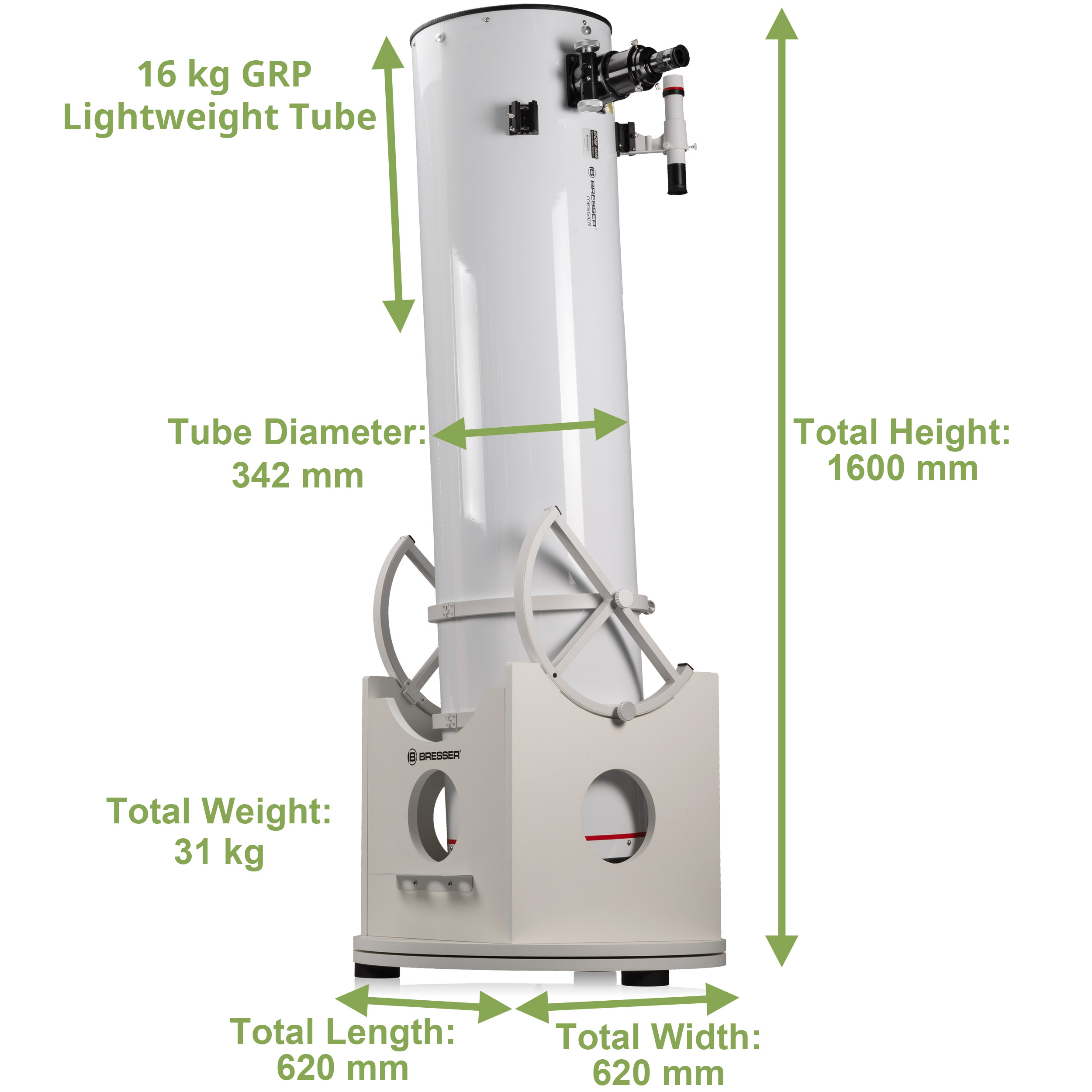   Telescopio Dobson luminoso con un grande specchio principale parabolico di 305 mm, fuocheggiatore HEX da 2,5" e tubo telescopico molto leggero in GFK  