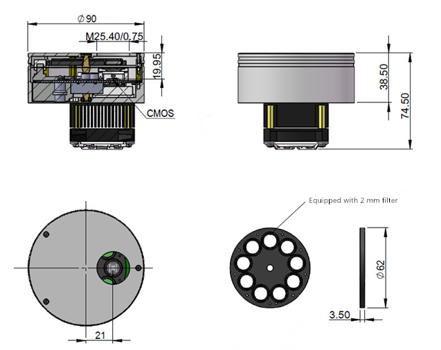 miniCAM5F - camera CMOS raffreddata con ruota portafiltri integrata a 9 posizioni e set filtri LRGB, filtro nero, H-alpha, OIII e SII miniCAM5F - camera CMOS raffreddata con ruota portafiltri integrata a 9 posizioni e set filtri LRGB, filtro nero, H-alpha, OIII e SII