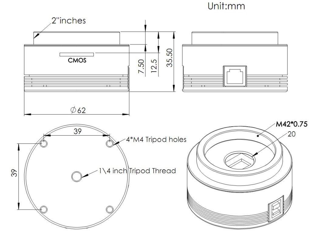  ASI 120 MM Mono - camera USB 3.0 - obiettivo T2 da 2,1mm - per riprese planetarie e autoguida 