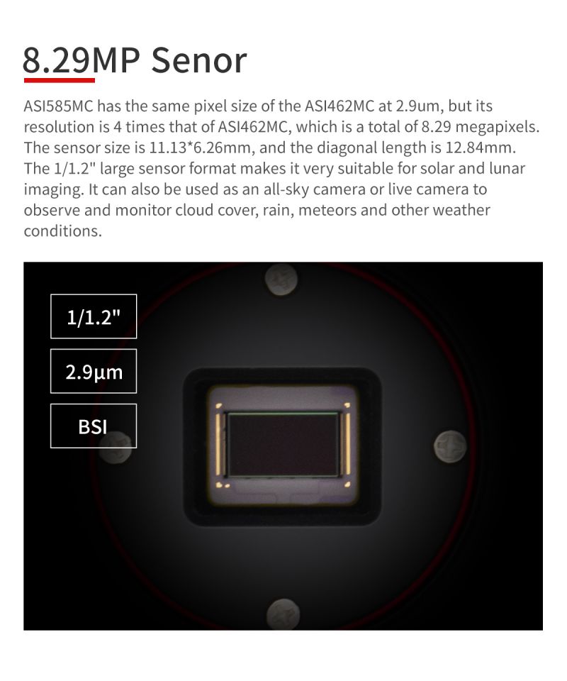  ZWO ASI 585 MC con sensore Sony da 1/1.2" a colori e diagonale da 12.84mm 