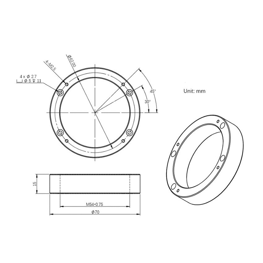   ZWO M54 è un adattatore progettato per OAG-L e fotocamere raffreddate ASI. Adattatore D70-M54F - 70mm diametro  